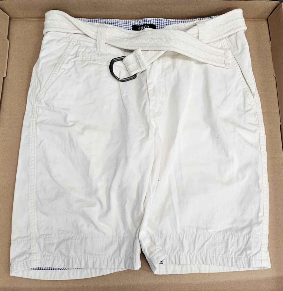 SUKO Men's Belted White Summer Shorts w/ Gingham Trim - Size W32