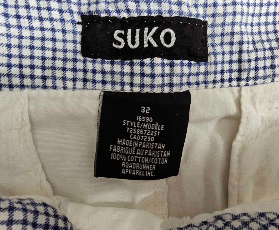 SUKO Men's Belted White Summer Shorts w/ Gingham Trim - Size W32 - photo 3