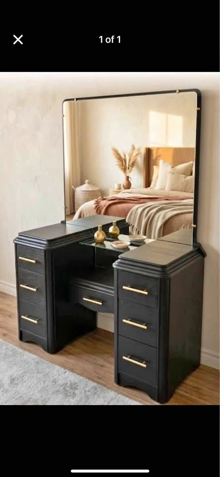 Black Vanity with Large Mirror and Gold Hardware