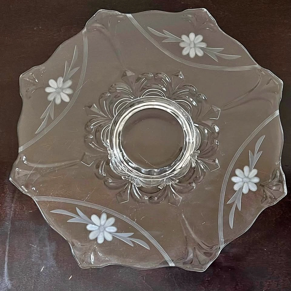 Vintage Etched Floral Footed Glass Cake Stand Tray, 13”