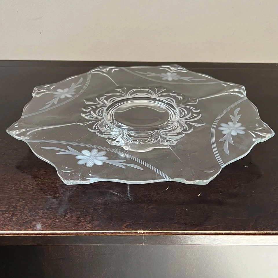 Vintage Etched Floral Footed Glass Cake Stand Tray, 13” - photo 2