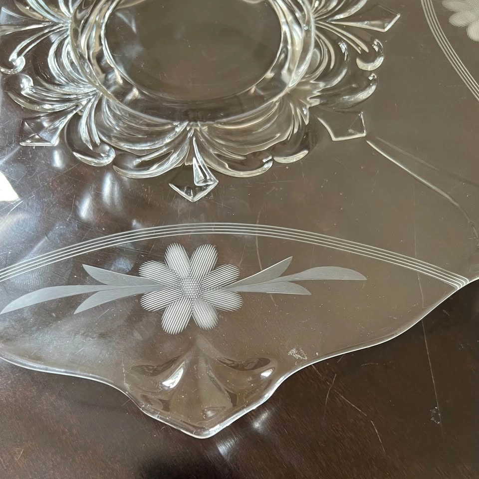 Vintage Etched Floral Footed Glass Cake Stand Tray, 13” - photo 3