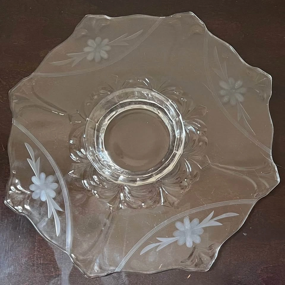 Vintage Etched Floral Footed Glass Cake Stand Tray, 13” - photo 4
