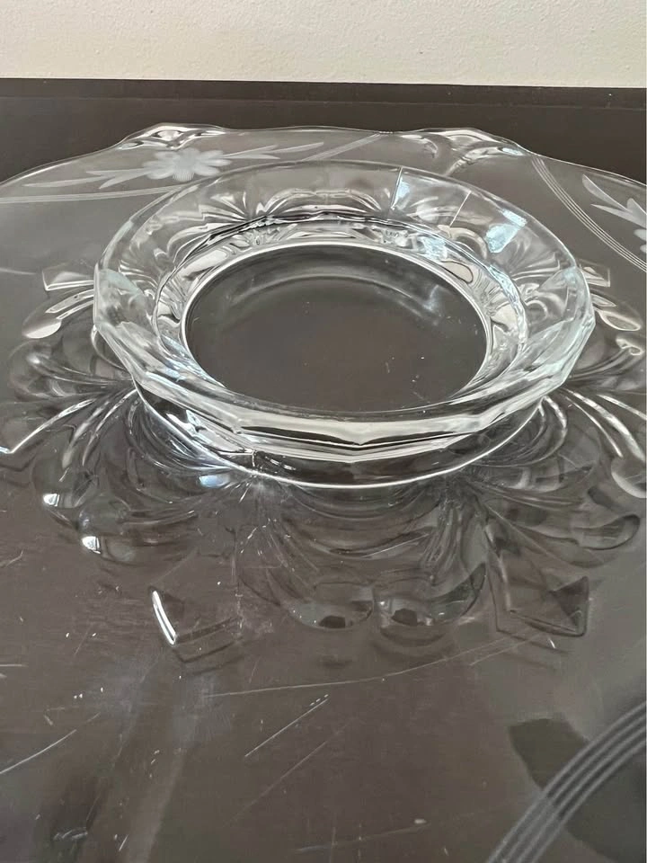 Vintage Etched Floral Footed Glass Cake Stand Tray, 13” - photo 5