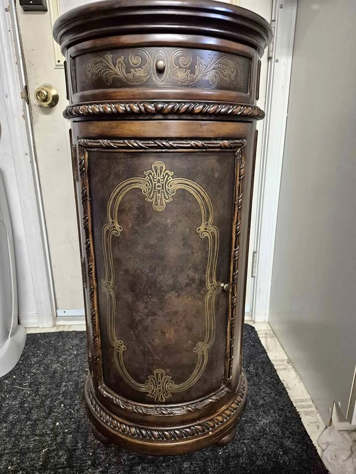 Round Wooden Pedestal Cabinet with Decorative Inlay