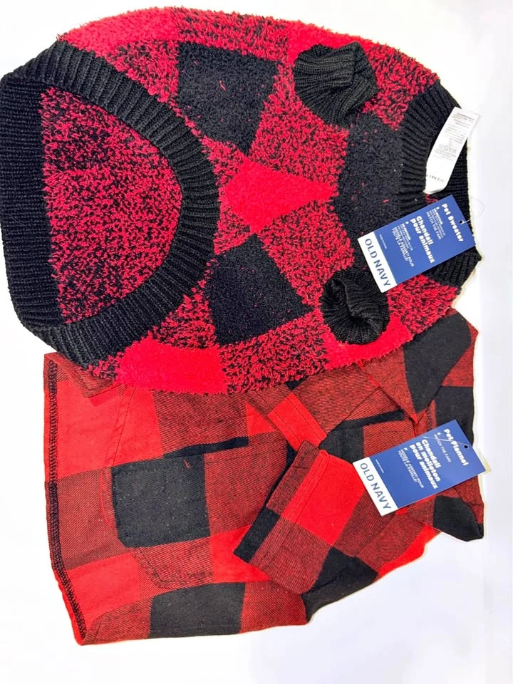 Old Navy Red Black Buffalo Plaid Pet Sweater and Flannel Set