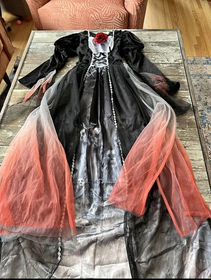Goth Witch Dress Up Gown Vampire Orange Black Rose Skulls