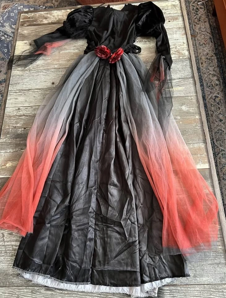 Goth Witch Dress Up Gown Vampire Orange Black Rose Skulls - photo 3