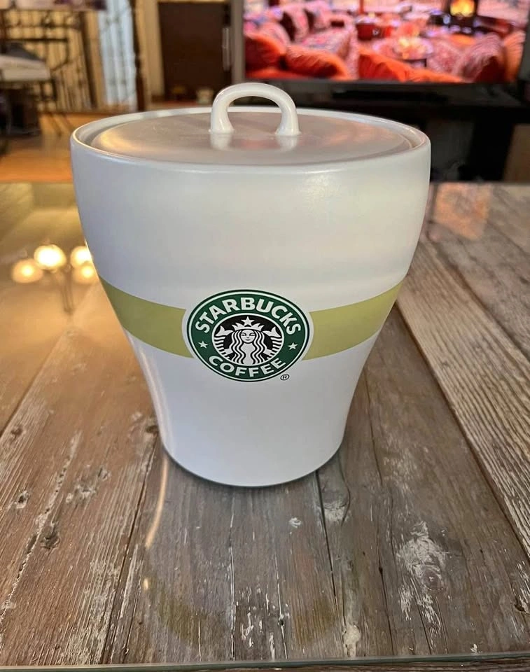 STARBUCKS Ceramic Coffee Canister/Cookie Jar, Lime Green Stripe