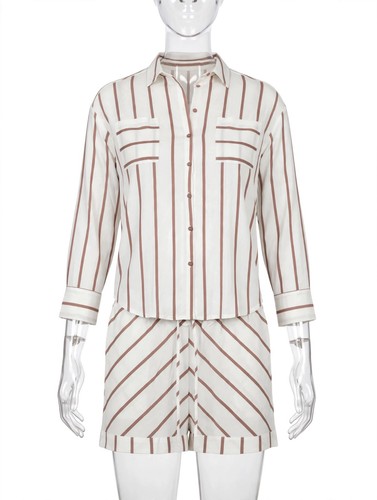 Tankaneo Womens 2 Piece Outfits Striped Long Sleeve Button Down