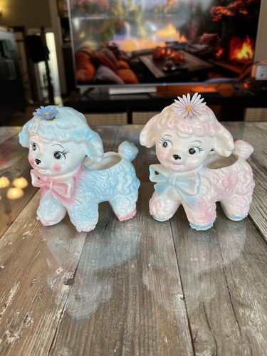 Vintage 60s Japan Pink & Blue Floral Lamb Planter Set #155