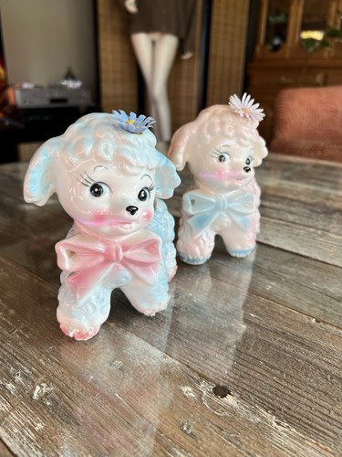 Vintage 60s Japan Pink & Blue Floral Lamb Planter Set #155 - photo 2