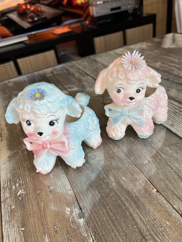 Vintage 60s Japan Pink & Blue Floral Lamb Planter Set #155 - photo 3