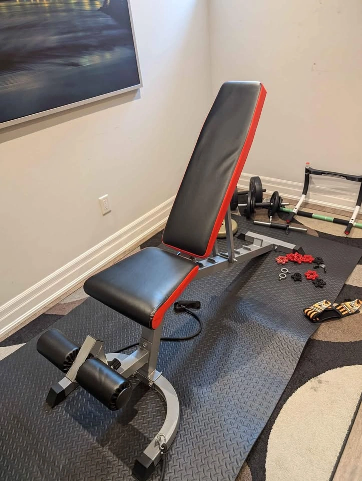 Gym Equipment: Bench, Barbell, Dumbbell Rods, York & Vinyl Weigh