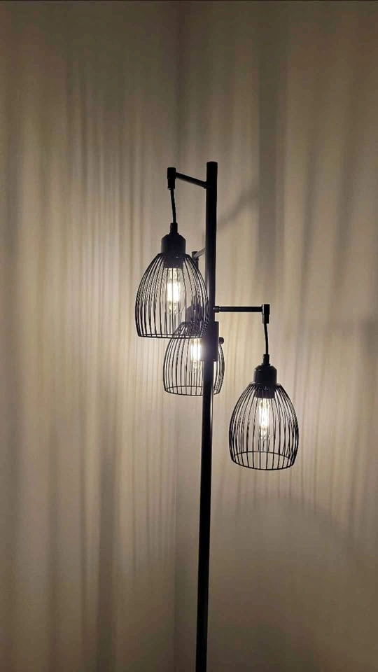 Dimmable Industrial 3-Light Tree Floor Lamp with Wire Cage Shade