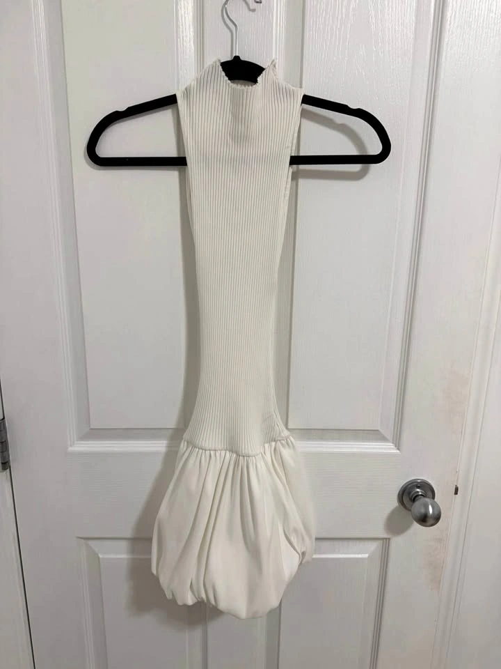 ZARA White Bubble Hem Mini Dress Ribbed Mock Neck