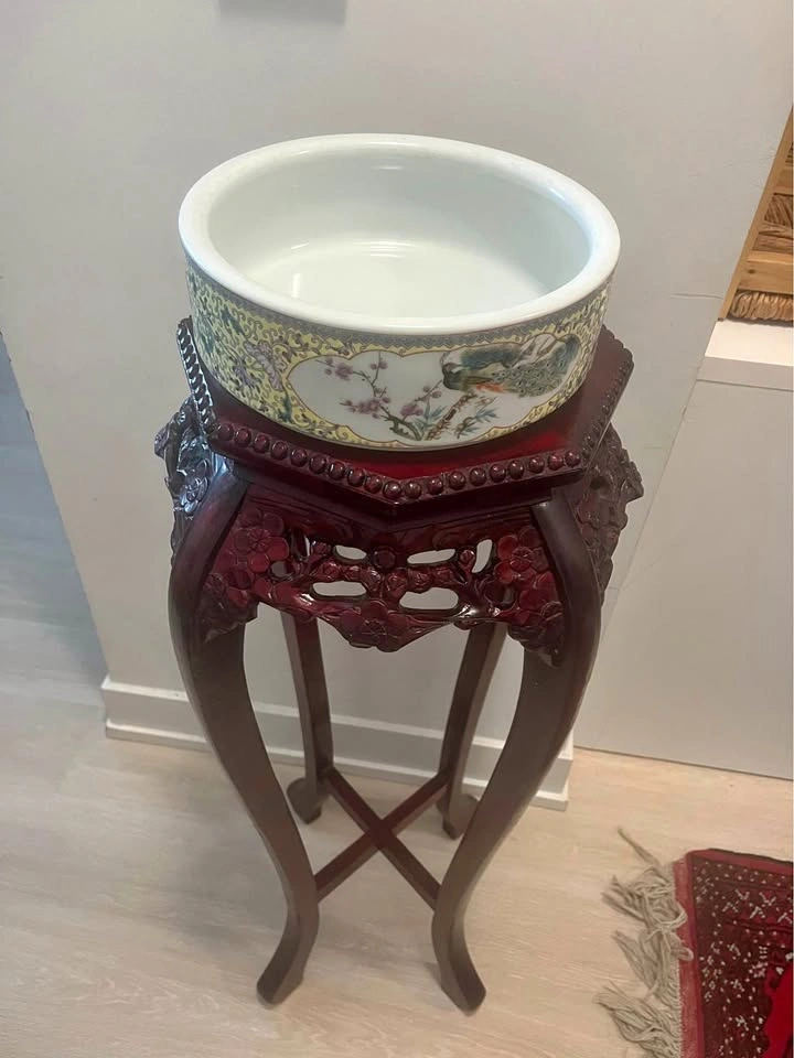 Vintage Chinese Famille Rose Peacock Fish Bowl & Carved Wood Sta