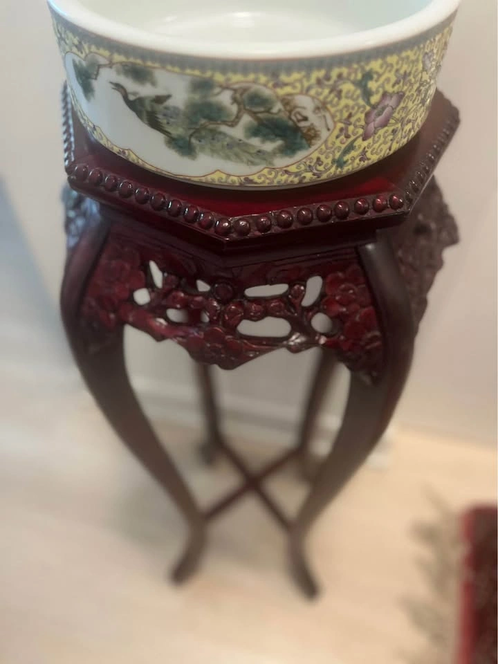 Vintage Chinese Famille Rose Peacock Fish Bowl & Carved Wood Sta - photo 3
