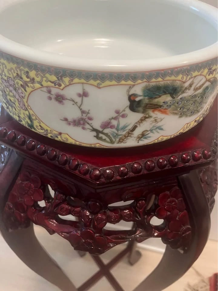 Vintage Chinese Famille Rose Peacock Fish Bowl & Carved Wood Sta - photo 5