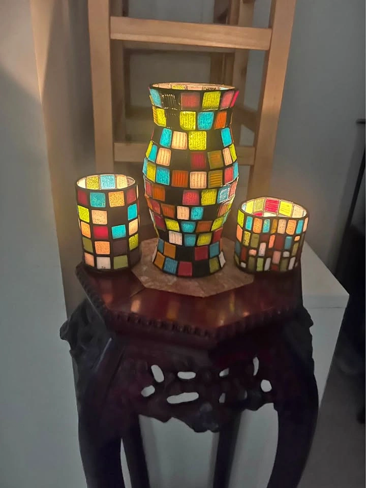 Vibrant 3-Piece Mosaic Glass Vase & Candle Holder Set