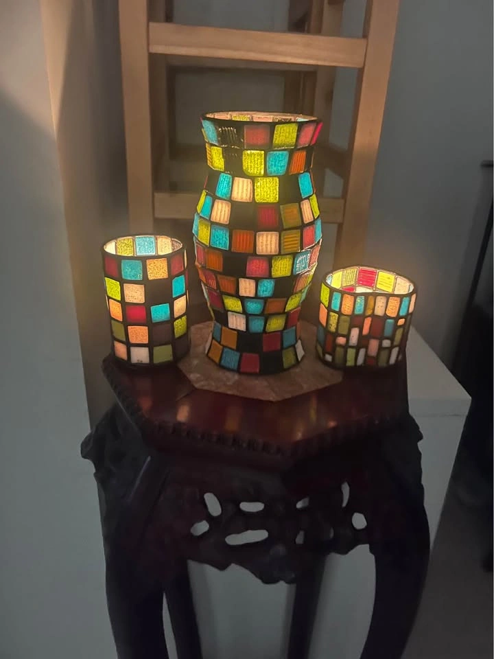 Vibrant 3-Piece Mosaic Glass Vase & Candle Holder Set - photo 2