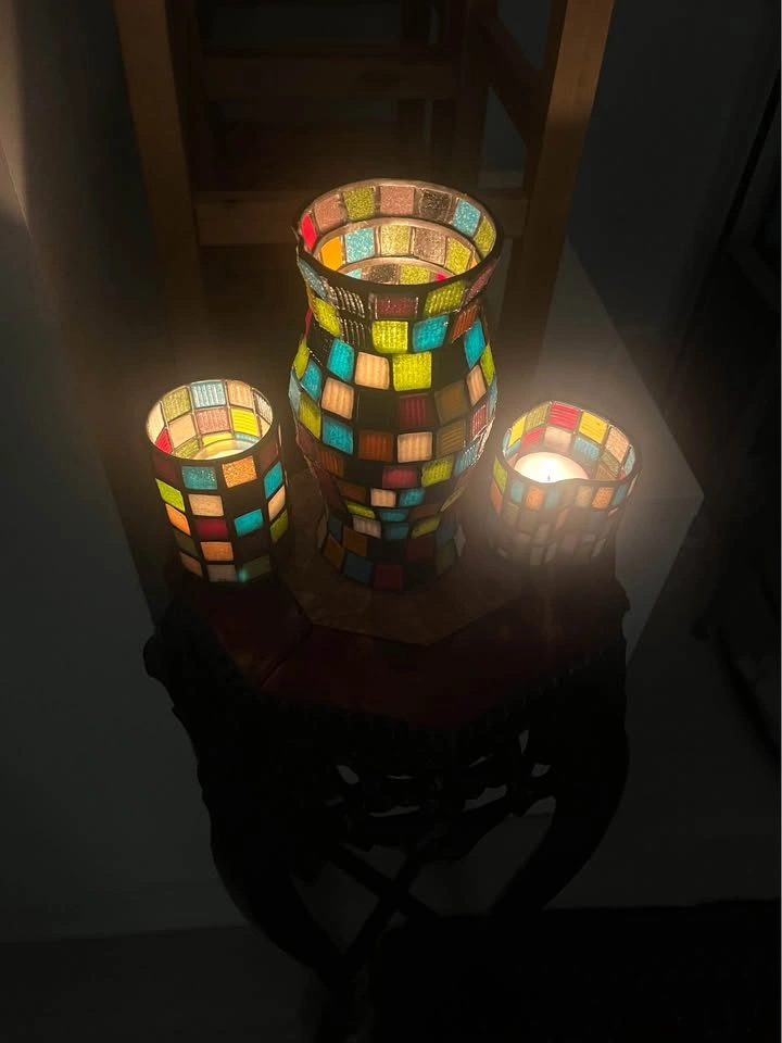 Vibrant 3-Piece Mosaic Glass Vase & Candle Holder Set - photo 3