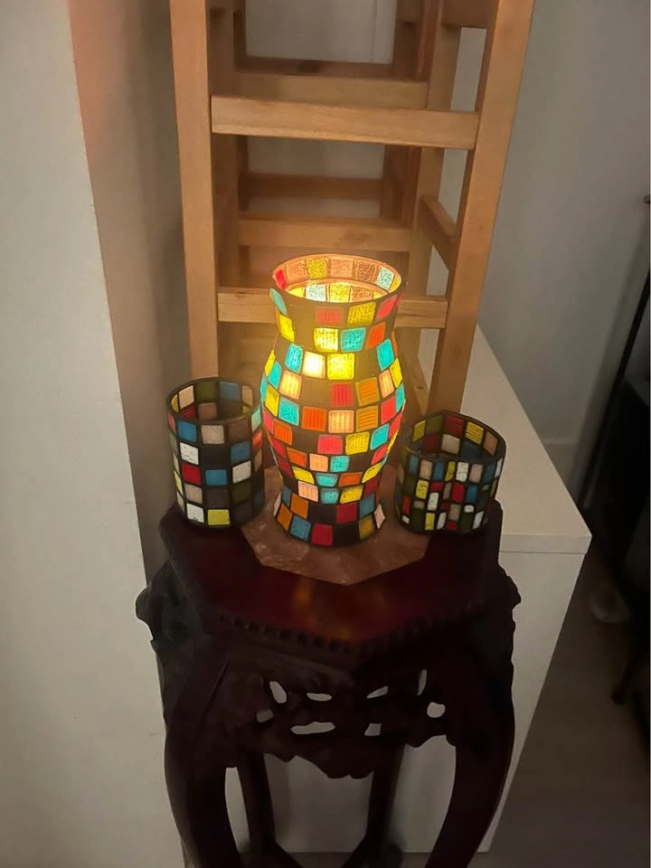 Vibrant 3-Piece Mosaic Glass Vase & Candle Holder Set - photo 4