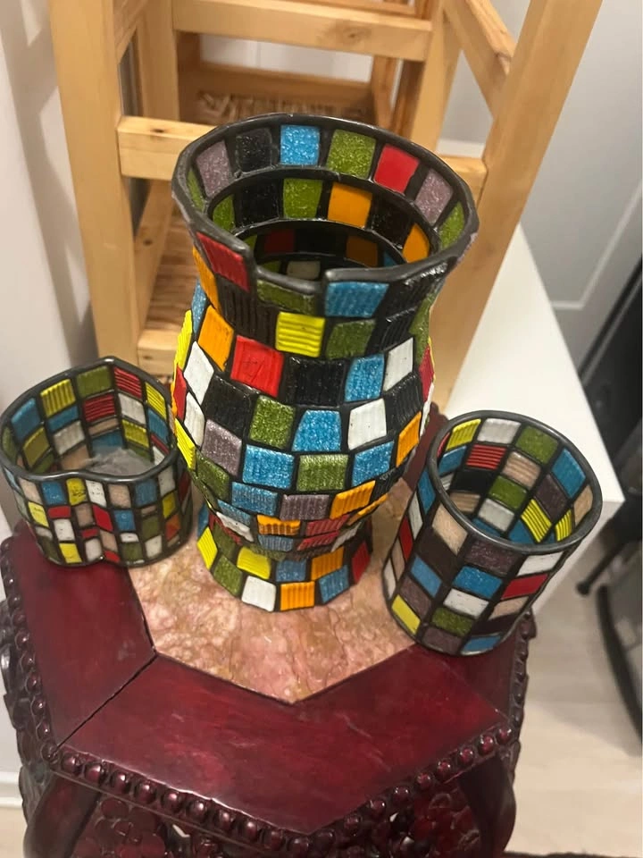 Vibrant 3-Piece Mosaic Glass Vase & Candle Holder Set - photo 5