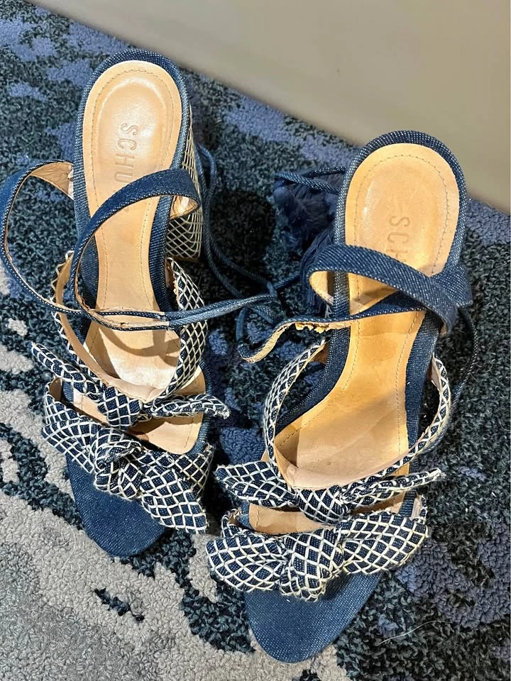 Schutz Denim Lace-Up Block Heel Sandals