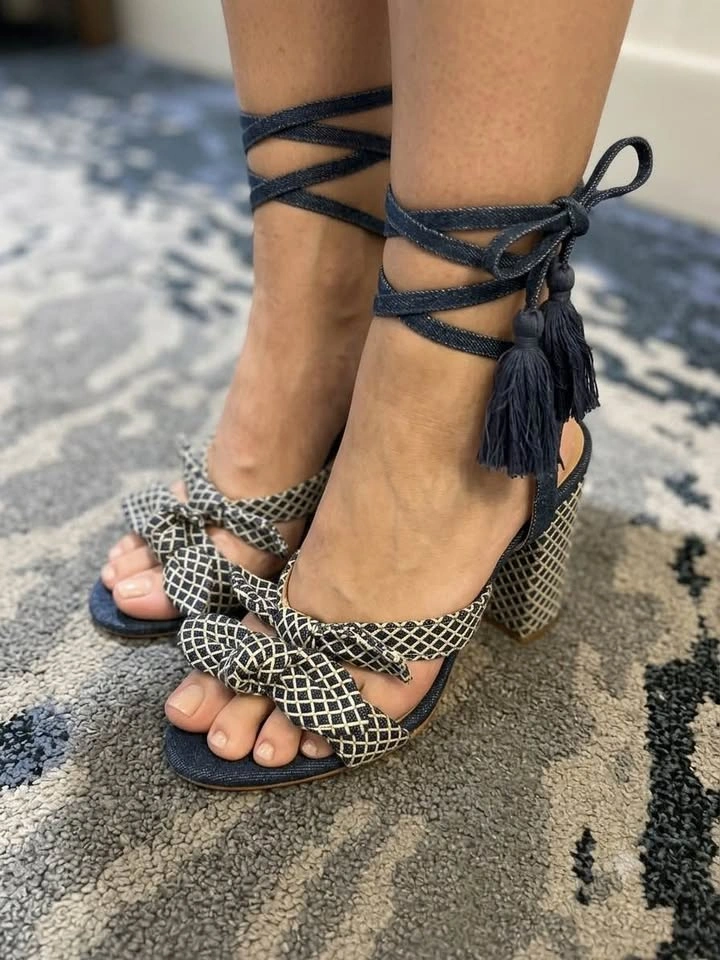 Schutz Denim Lace-Up Block Heel Sandals - photo 2