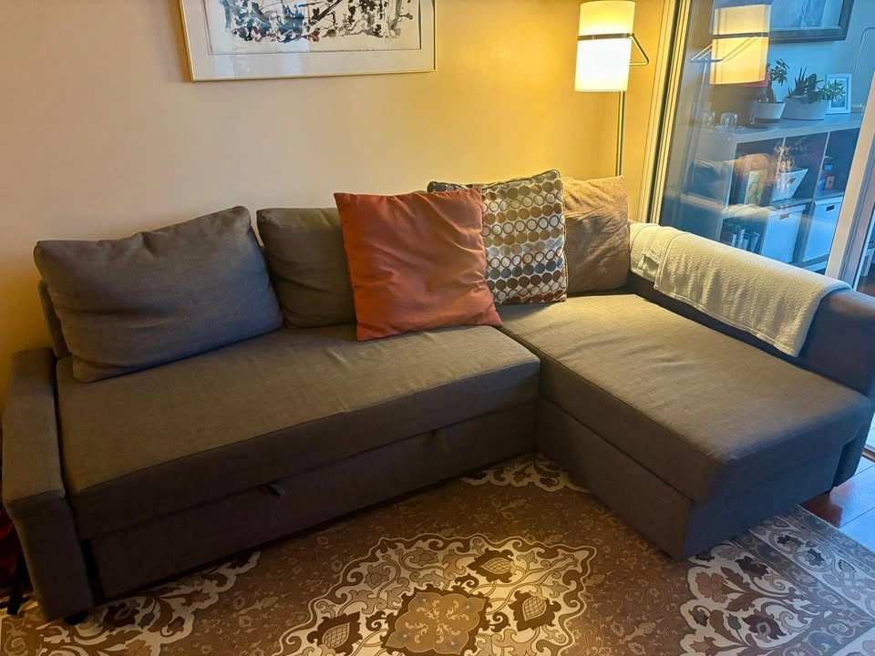 Sofa, L-shape, converts into bed with storage