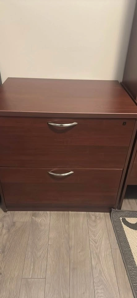 Spacious brown office desk with hutch, keyboard tray, and drawer - photo 2