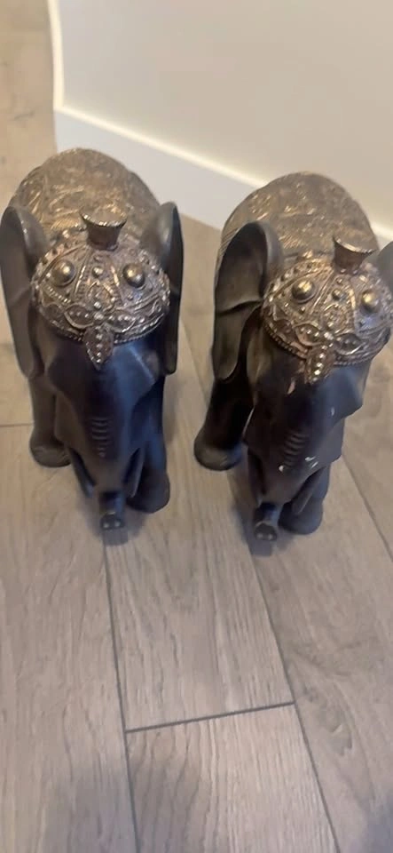 Two Elephant Figurines with Gold Headpieces