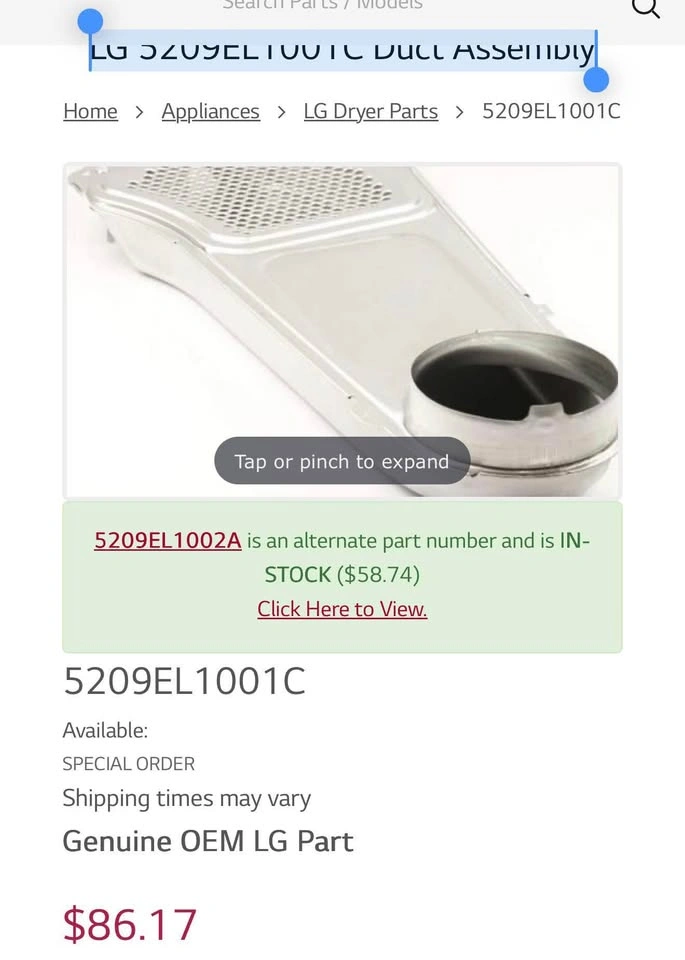 LG 5209EL1001C Duct Assembly - photo 2