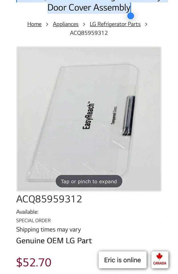 LG ACQ85959312 Refrigerator Dairy Door Cover Assembly