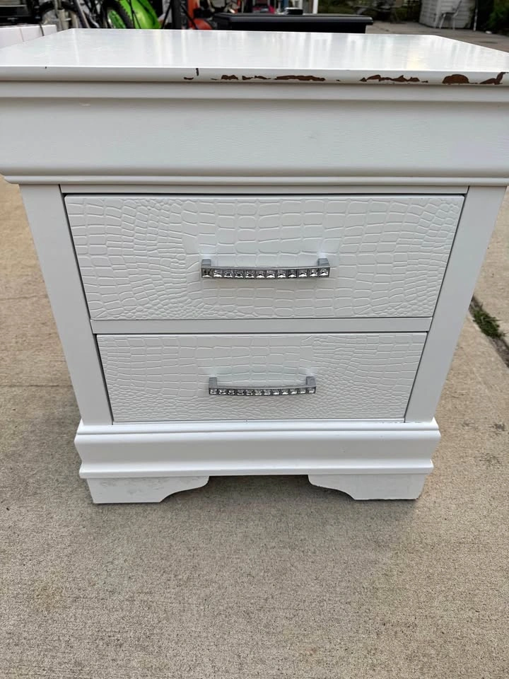 White Faux Crocodile Nightstand with Rhinestone Handles