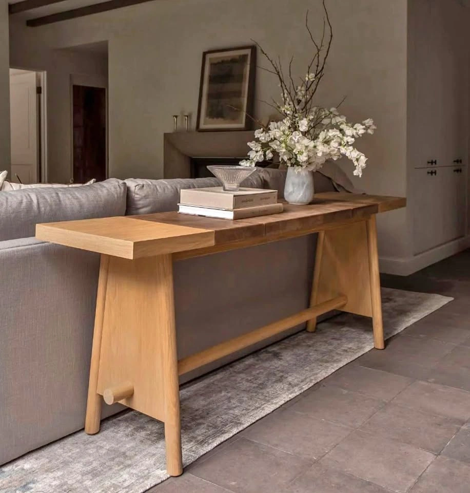Le Mae Ava White Oak and Leather Console Table, Brand New