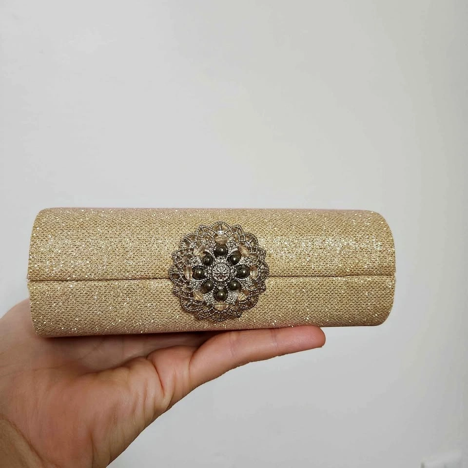 Gold Glitter Clutch Bag with Handbeaded decorative element