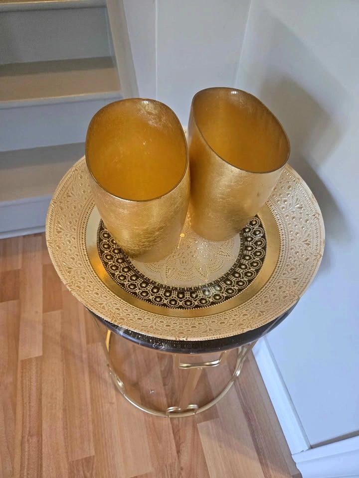 Glam Gold Side Table Set - Marble Top + 2 Vases & Tray