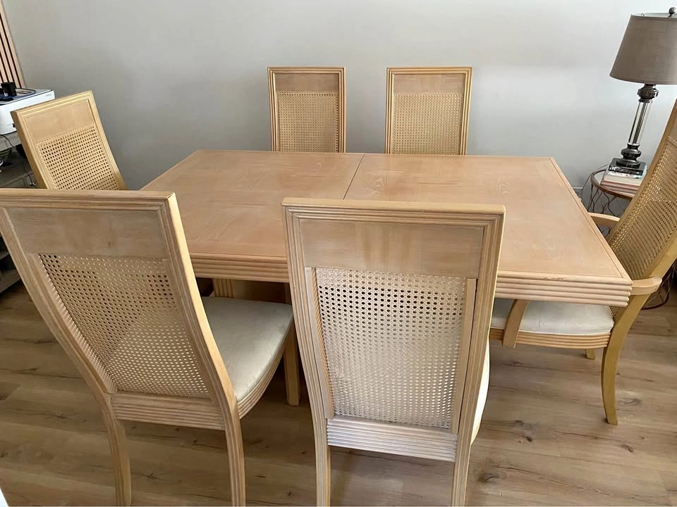 Light Wood Dining Table and 6 Cane Back Chairs