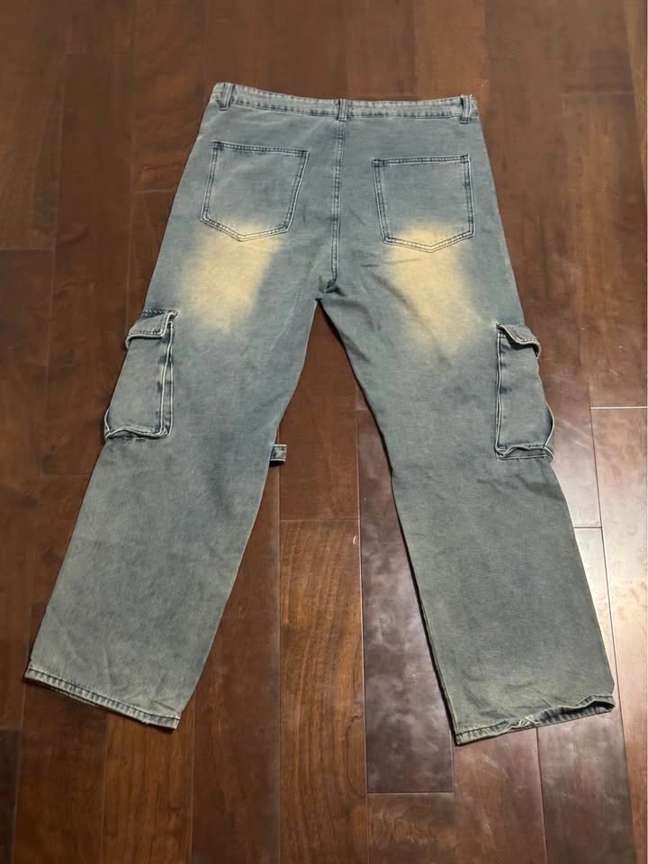 Light Wash Wide Leg Baggy Cargo Jeans with Straps - Mens L - photo 3