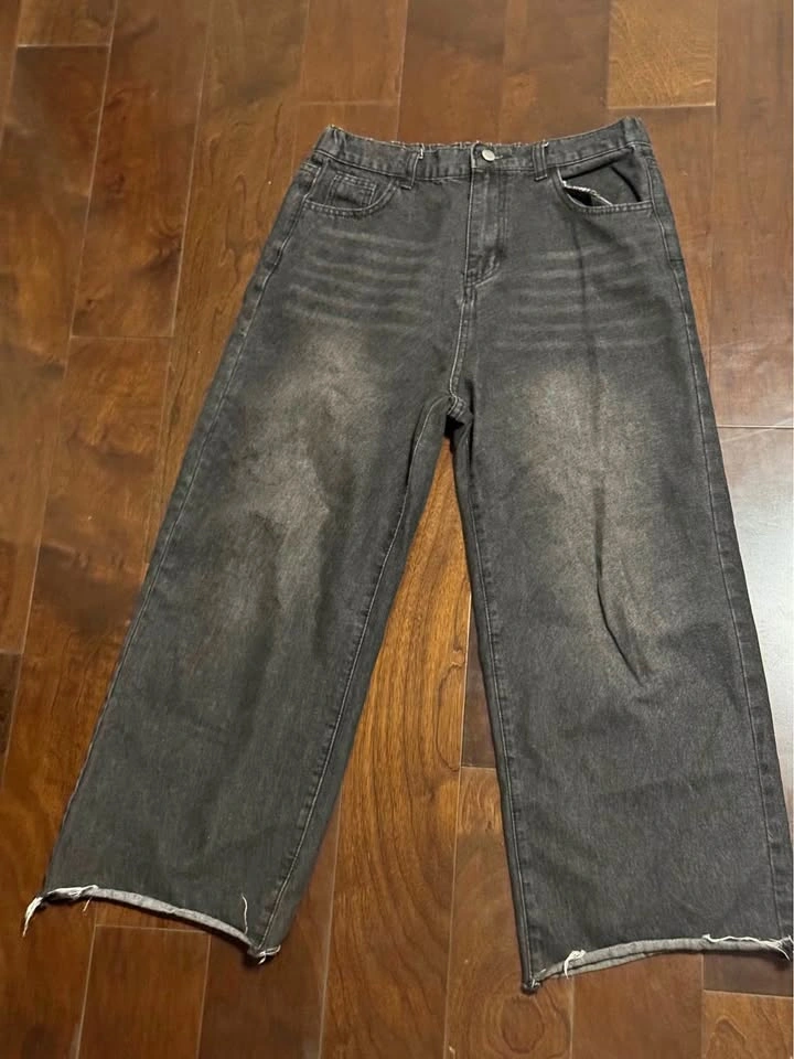 Wide Leg Baggy Faded Black Denim Jeans with Raw Hem - Mens L