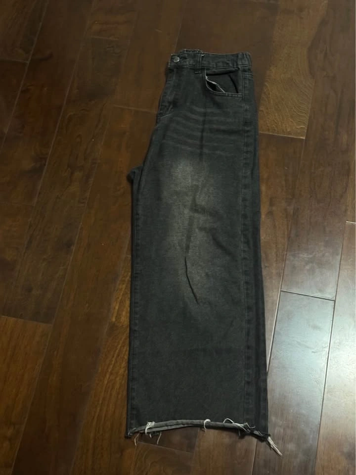 Wide Leg Baggy Faded Black Denim Jeans with Raw Hem - Mens L - photo 2