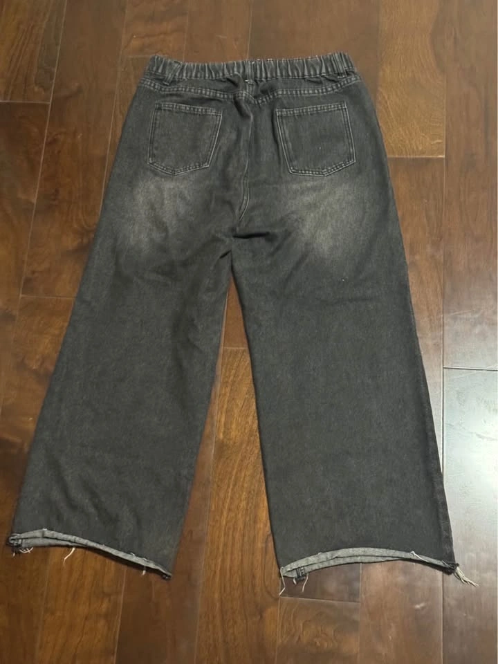 Wide Leg Baggy Faded Black Denim Jeans with Raw Hem - Mens L - photo 3