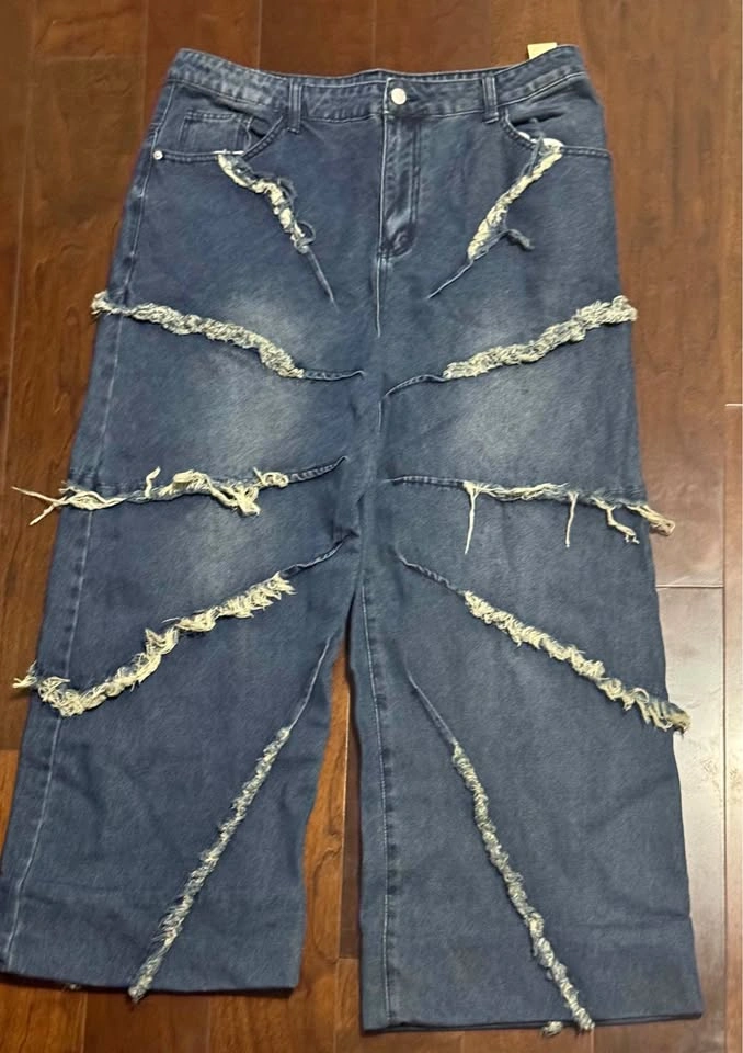 Distressed Patchwork Wide Leg Super Baggy Denims - Mens L