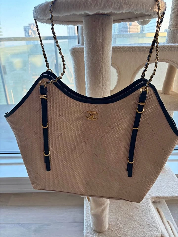 Woven Raffia Shoulder Bag – Black Leather Trim, Gold Hardware