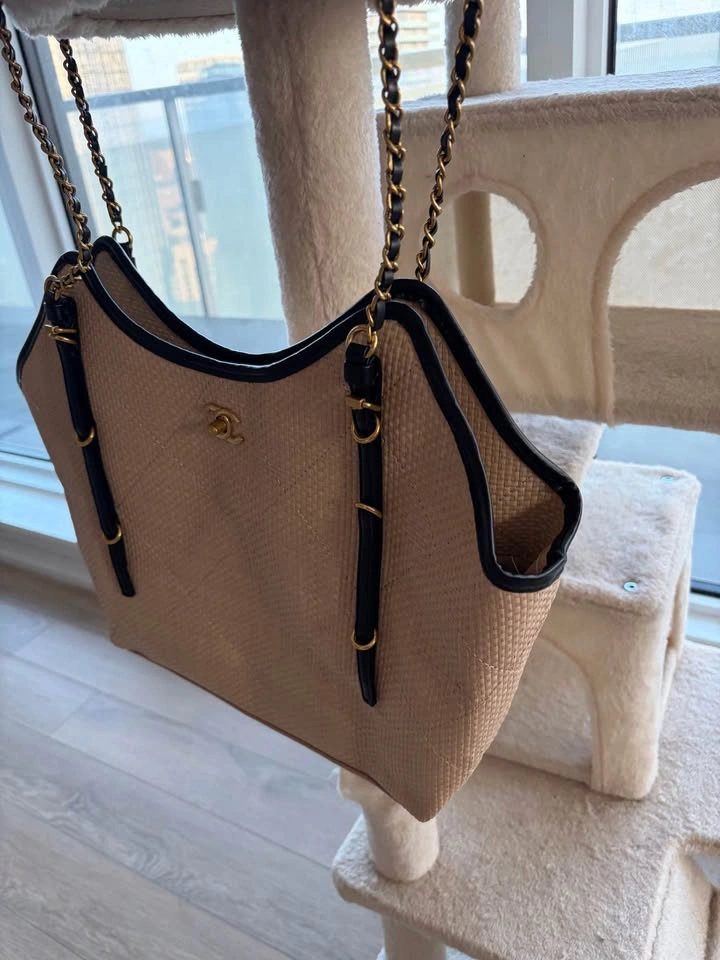 Woven Raffia Shoulder Bag – Black Leather Trim, Gold Hardware - photo 2