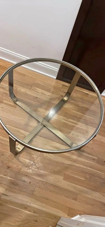Round Glass Top Coffee Table with Contemporary Cross-Metal Base