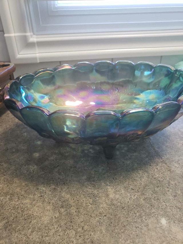 Antique Blue Carnival Glass Bowl - Iridescent Grape & Cable