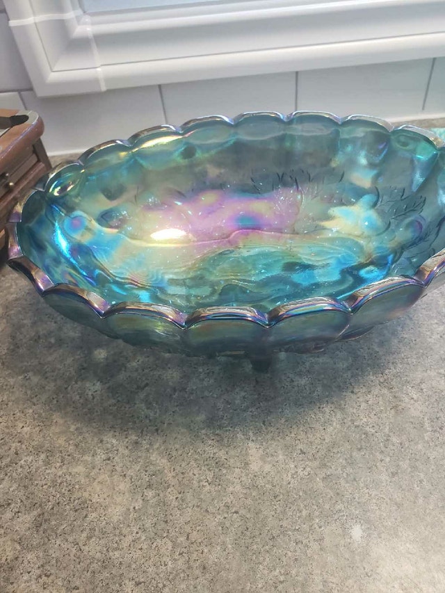 Antique Blue Carnival Glass Bowl - Iridescent Grape & Cable - photo 3